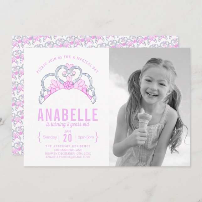 Customizable Pink Tiara Photo Birthday Invitation (Front/Back)