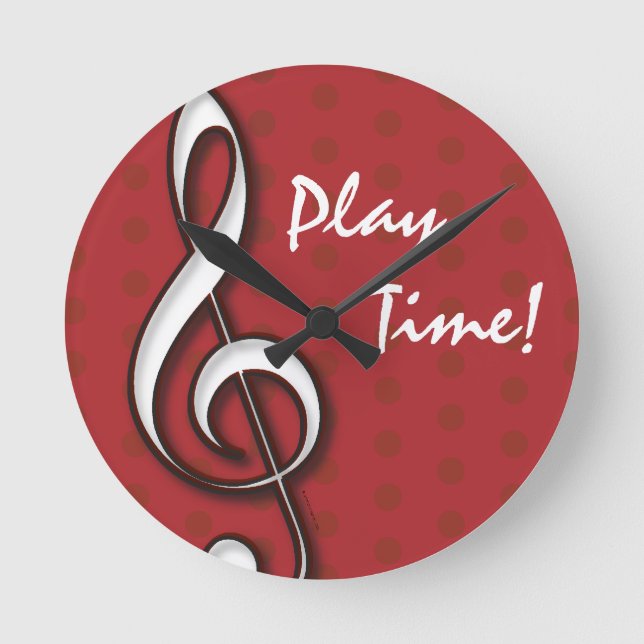 Customizable Play Time Red Treble Clef Clock (Front)