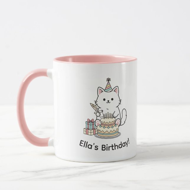 "Customizable" Playful Cat Birthday Cake & Gifts Mug (Left)