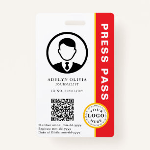 Customizable Press Pass with Photo ID & QR Code ID Badge