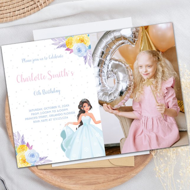 Customizable Princess Party Invitations for Kids (Yellow Photo Floral Princess Birthday Invitations)