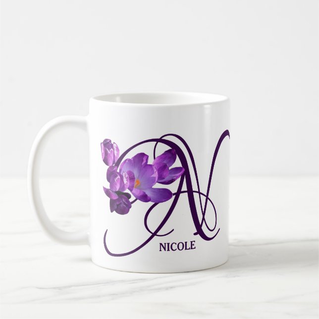 Customizable purple floral Nicole name monogram  Coffee Mug (Left)