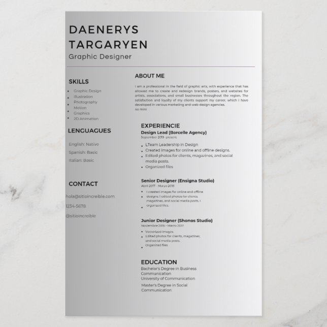 customizable resume sheet curriculum vitae (Front)