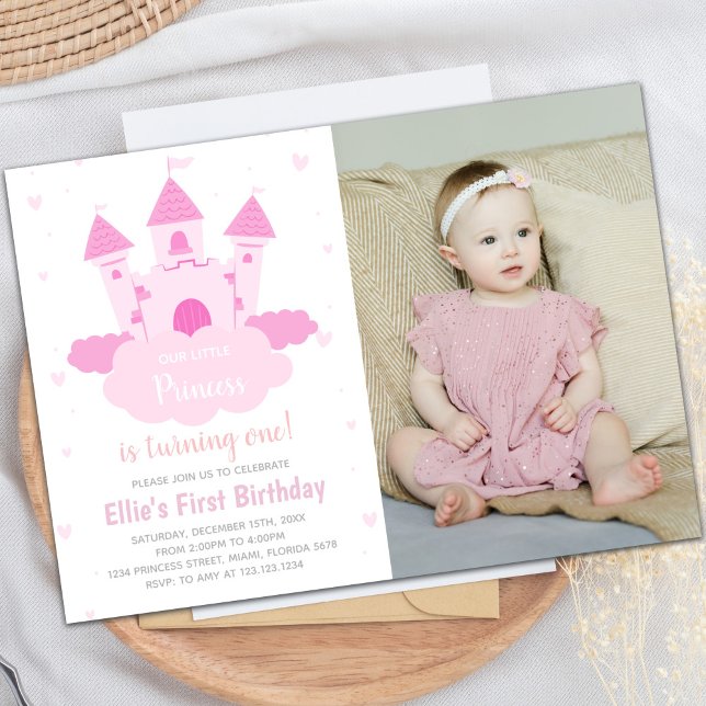 Customizable Royal Party Invitations for Kids (Pink Castle under CloudPrincess Birthday photo Invitation)