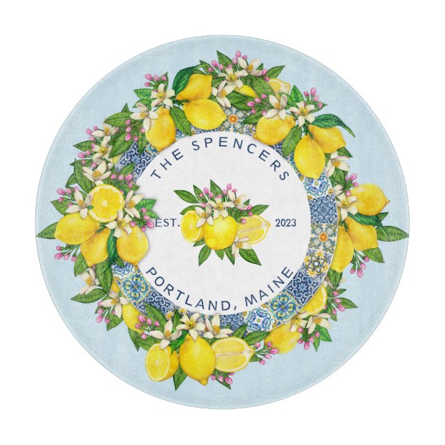 Customizable Sicilian Majolica Tiles Floral Lemon Cutting Board (Front)