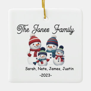 Customizable Snowman Family of 4 Holiday Ceramic Ornament