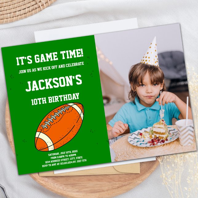 Customizable Sports Party Invitations for Kids (Orange Green Football Birthday Invitations photo)