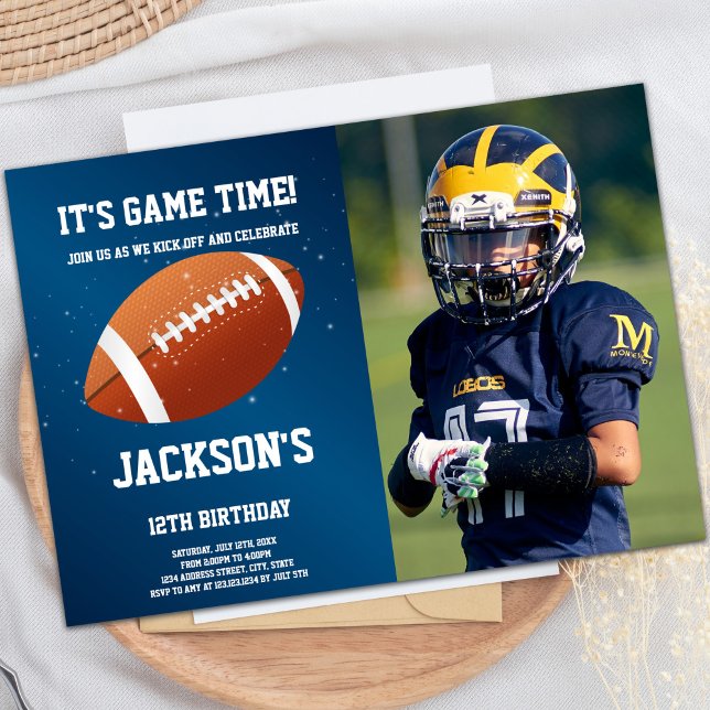 Customizable Sports Party Invitations for Kids (Dark Blue Football Birthday Invitations with photo)