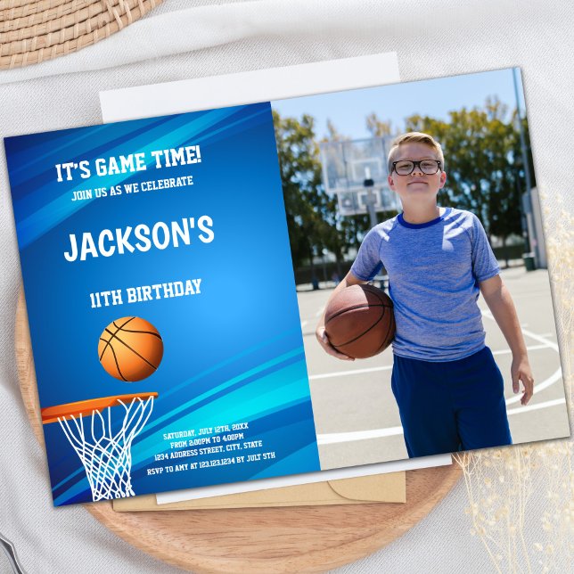 Customizable Sports Party Invitations for Kids (Basket Blue back Basketball Invitations with photo)