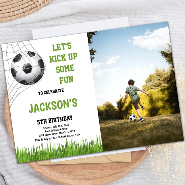 Customizable Sports Party Invitations for Kids (Let's kick up some fun Soccer Birthday photo Invitation)