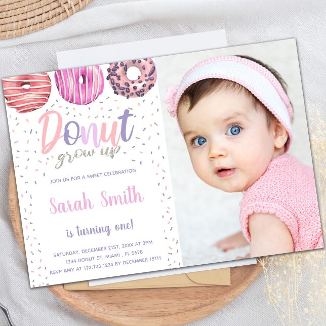 Customizable Sweet Party Invitations for Kids (Pink Light Donut Birthday Invitations with photo)