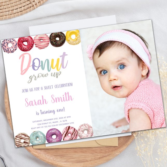Customizable Sweet Party Invitations for Kids (Yellow Donut Invitations with photo)