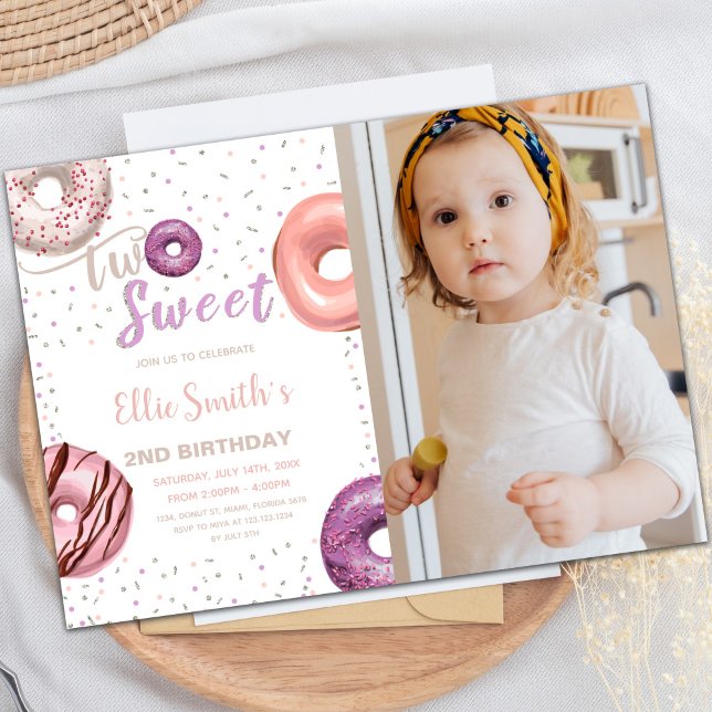 Customizable Sweet Party Invitations for Kids (Two Sweet Pink Donut Birthday Invitations photo)