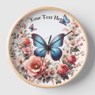 Customizable Text Blue Butterfly Floral Art-96279 Clock