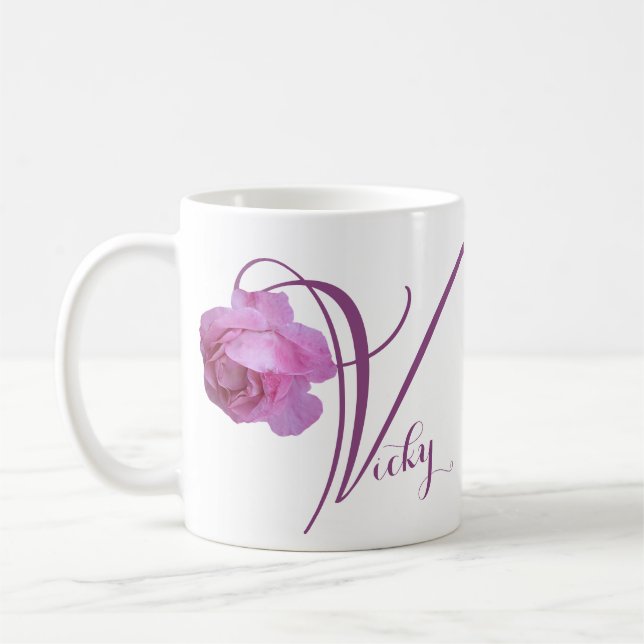 Customizable Vicky name pretty pink rose floral  Coffee Mug (Left)