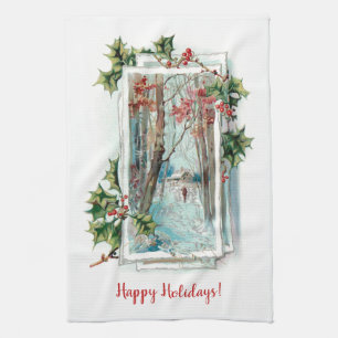 Customizable Vintage Winter Snow Scene with Holly Tea Towel