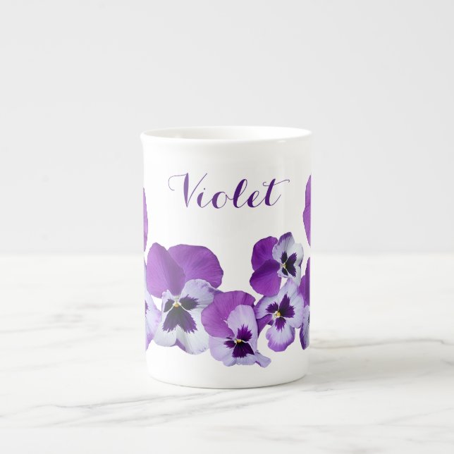 Customizable Violet name cute purple pansy floral Bone China Mug (Front)
