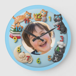 Customizable Wall Clock for Kids with Funny Cats