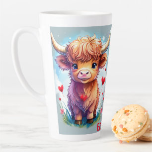 Customizable Whimsical Valentine Highland Cow,  Latte Mug