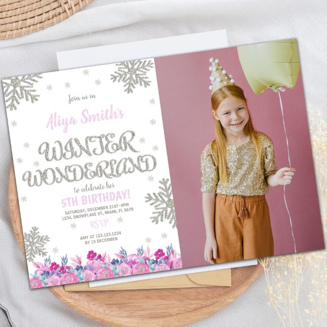 Customizable Winter Onederland Party Invitations (Pink Winter Wonderland Birthday Invitations photo)