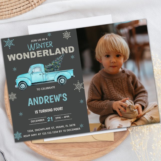 Customizable Winter Party Invitations for Kids (Blue truck Winter Wonderland Birthday Invitations)