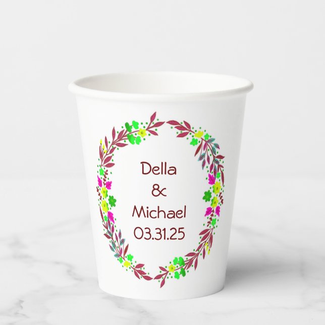 Customizable Wreath Wedding  Paper Cups (Front)
