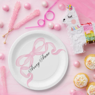 Customize baby shower pink bow paper plate