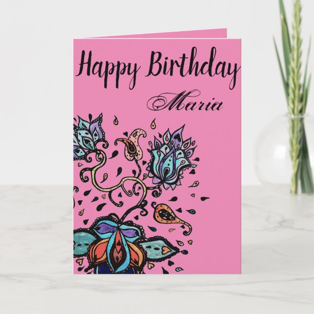 Customize by Name Happy Birthday Flower Design Card (Front)