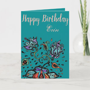 Customize by Name Happy Birthday Flower Design Card