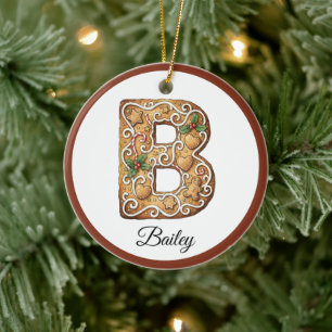 Customize Christmas Gingerbread Letter B Monogram Ceramic Tree Decoration