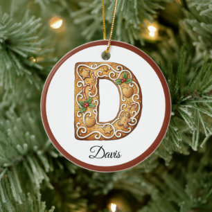 Customize Christmas Gingerbread Letter D Monogram Ceramic Tree Decoration