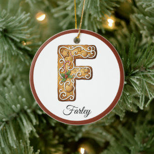 Customize Christmas Gingerbread Letter F Monogram Ceramic Tree Decoration