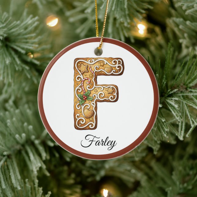 Customize Christmas Gingerbread Letter F Monogram Ceramic Tree Decoration (Tree)