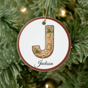 Customize Christmas Gingerbread Letter J Monogram Ceramic Tree Decoration
