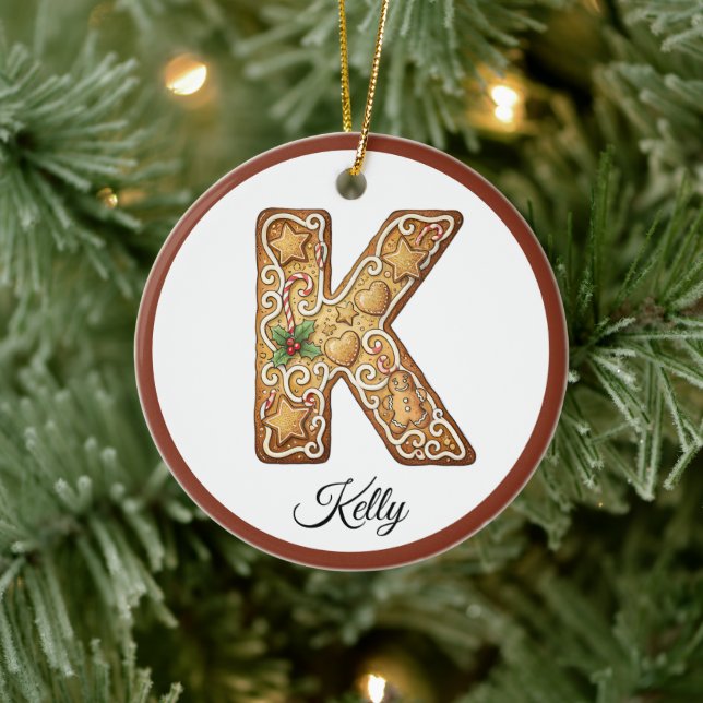 Customize Christmas Gingerbread Letter K Monogram Ceramic Tree Decoration (Tree)