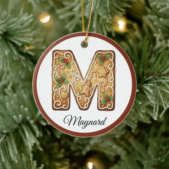 Customize Christmas Gingerbread Letter M Monogram Ceramic Tree Decoration (Tree)