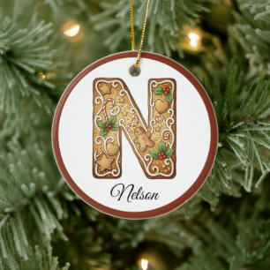 Customize Christmas Gingerbread Letter N Monogram Ceramic Tree Decoration