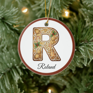 Customize Christmas Gingerbread Letter R Monogram Ceramic Tree Decoration
