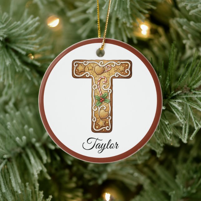 Customize Christmas Gingerbread Letter T Monogram Ceramic Tree Decoration (Tree)