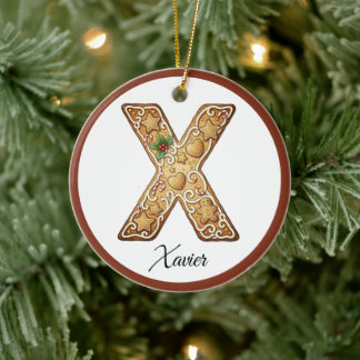 Customize Christmas Gingerbread Letter X Monogram Ceramic Tree Decoration