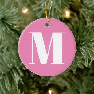 Customize monogram initial pink white Christmas Ceramic Tree Decoration