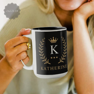 Customize Name & Initial Black White Gold Monogram Mug