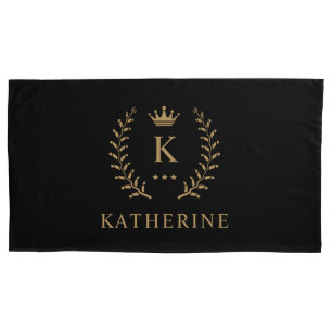 Customize Name & Initial Black White Gold Monogram Pillowcase