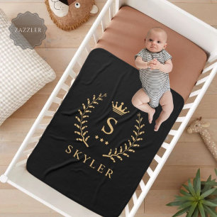 Customize Name & Initial Black White Gold Monogram Sherpa Blanket