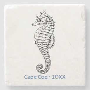 Customize Ocean Seahorse Line Art Stone Coaster