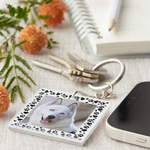 Customize Pet Photo Dog Paw Prints in Hearts Frame Key Ring