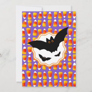 Customized Black Bat Candy Corn Halloween Invitation