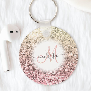 Customized Blush Pink Pretty Glitter Monogram Name Key Ring