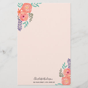 Customized Coral Pink Watercolor Flower Bouquet Stationery
