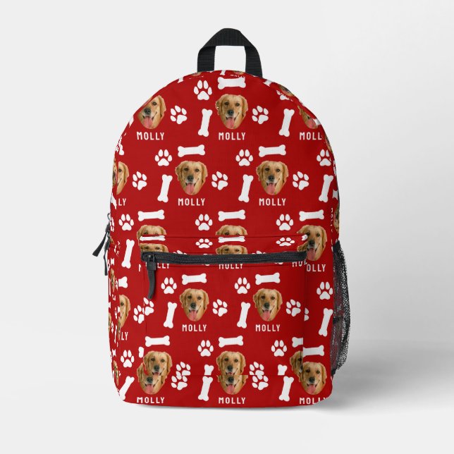 Customized Dog Pet Photo & Name Red Printed Backpack (Front)